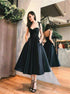 Sweetheart Spaghetti A Line Tea Length Pleats Black Prom Dress LBQ1534
